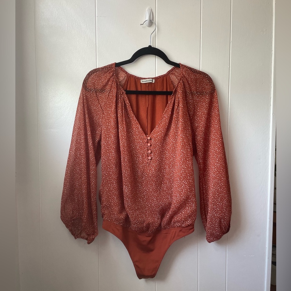 Abercrombie & Fitch Coral Chiffon Long Sleeve Bodysuit